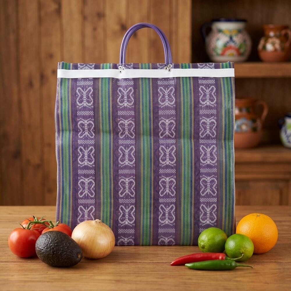 Traditional Mexican Mercado Tote Bag Colorful Reusable Plastic Market Bag 8X18.5
